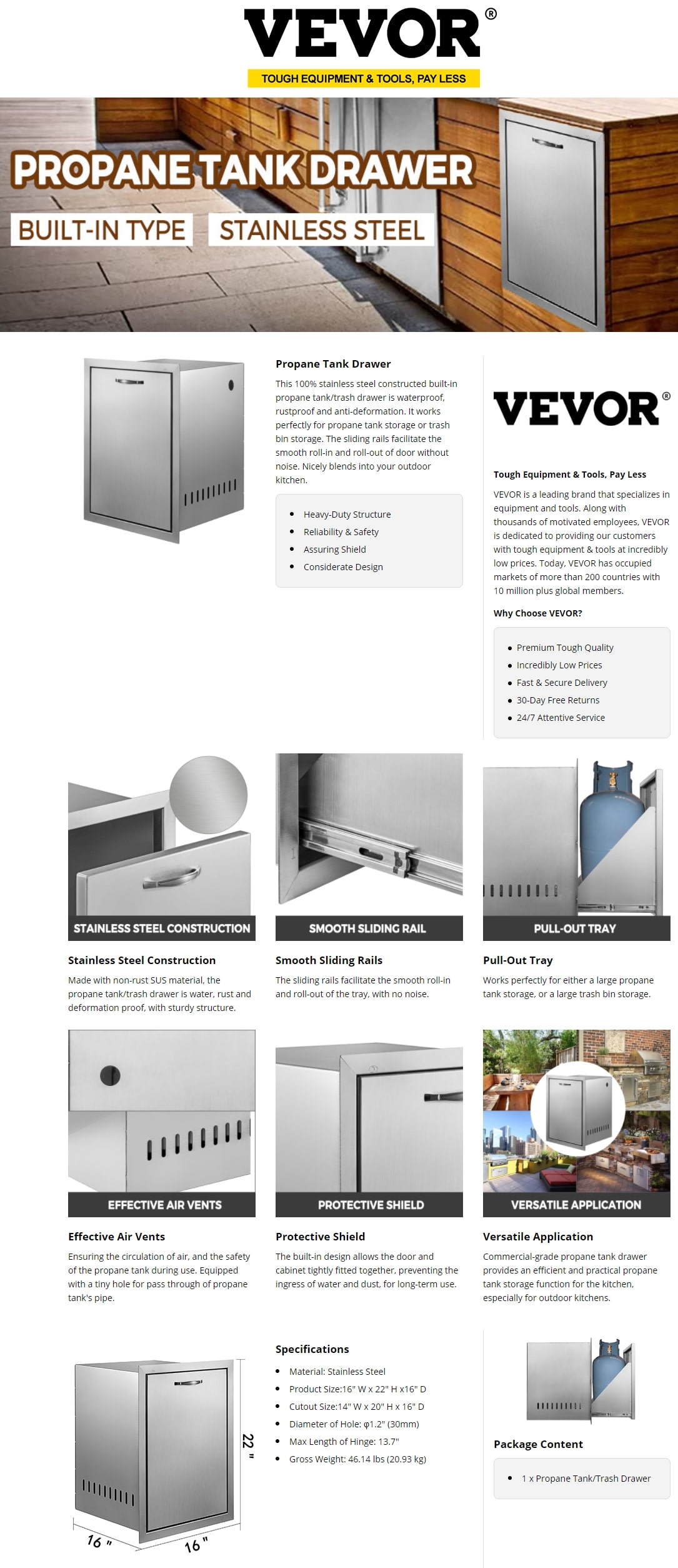 VEVOR 16 in. W x 22 in. H x 16 in. D Outdoor Kitchen Propane Tank